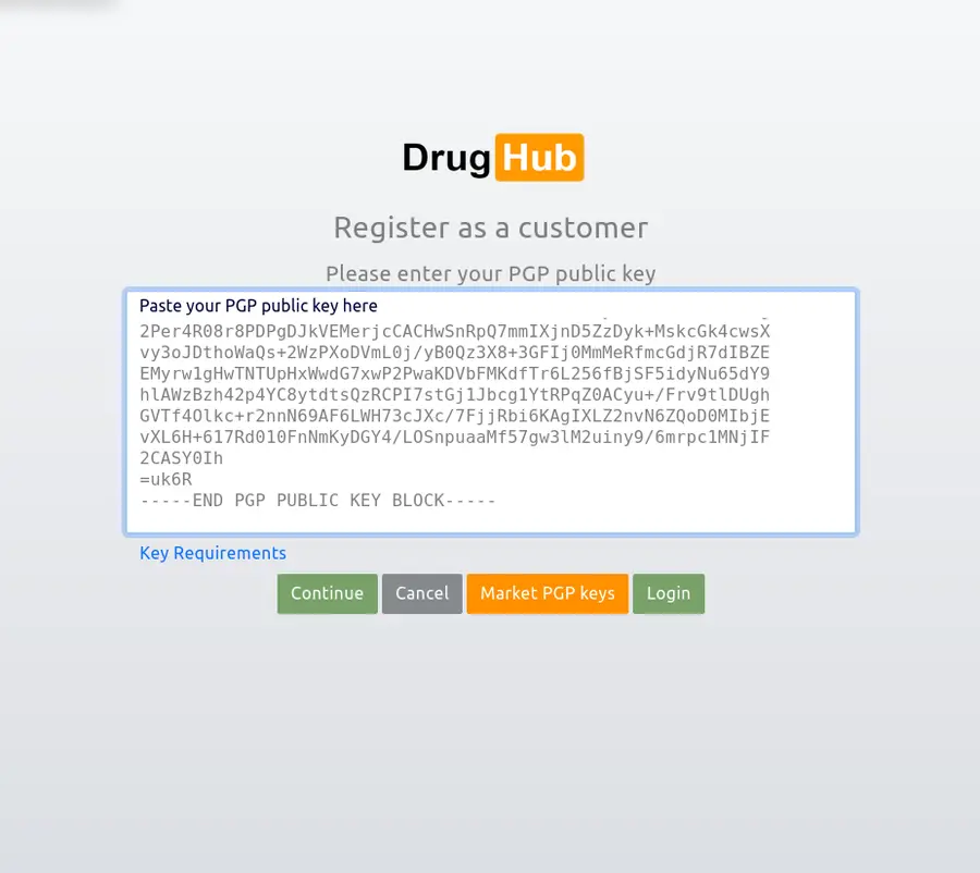 DrugHub Dread subforum showing pinned admin announcement with PGP signature