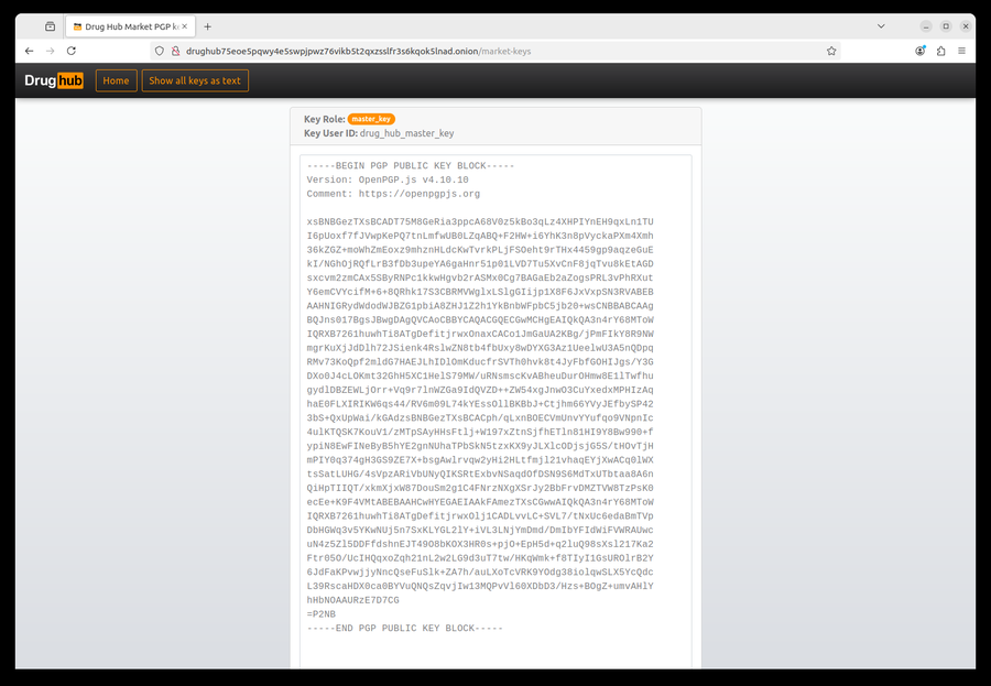 DrugHub PGP public key block for admin signature verification