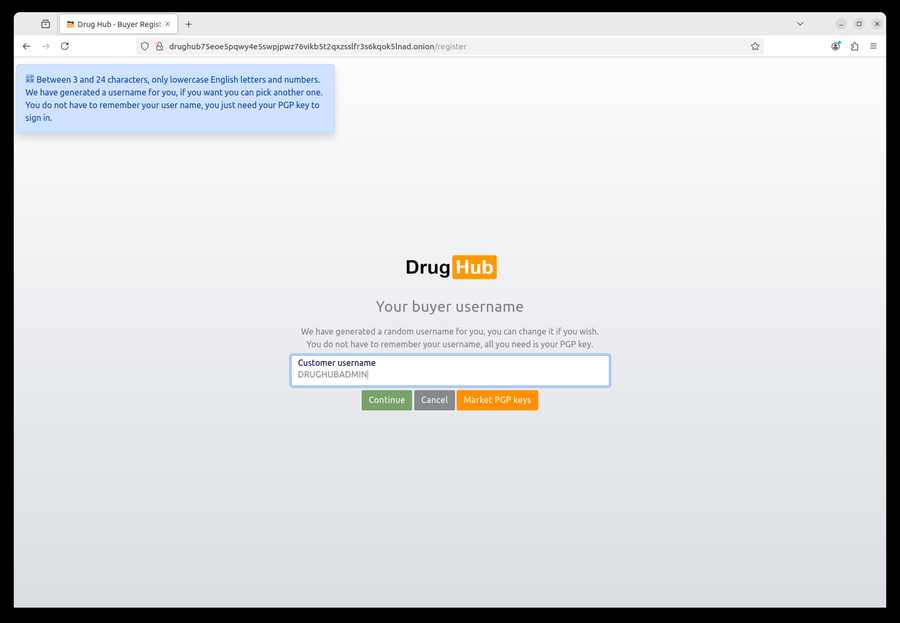 DrugHub market username selection showing uniqueness verification in real time